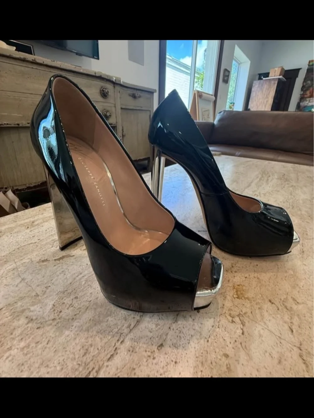 Giuseppe Zanotti Black Patent Peep-Toe Platform Pumps